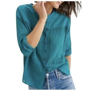 Pilcro Anthropologie Top Women's Small Teal Blue Peasant Boho Button Up Relaxed‎